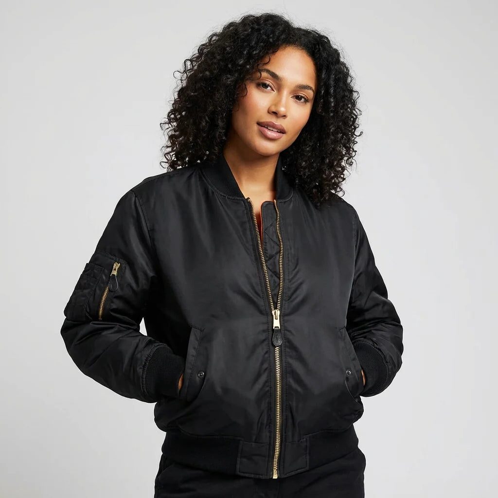 Zip-Up Bomber Jacket for Women - Black