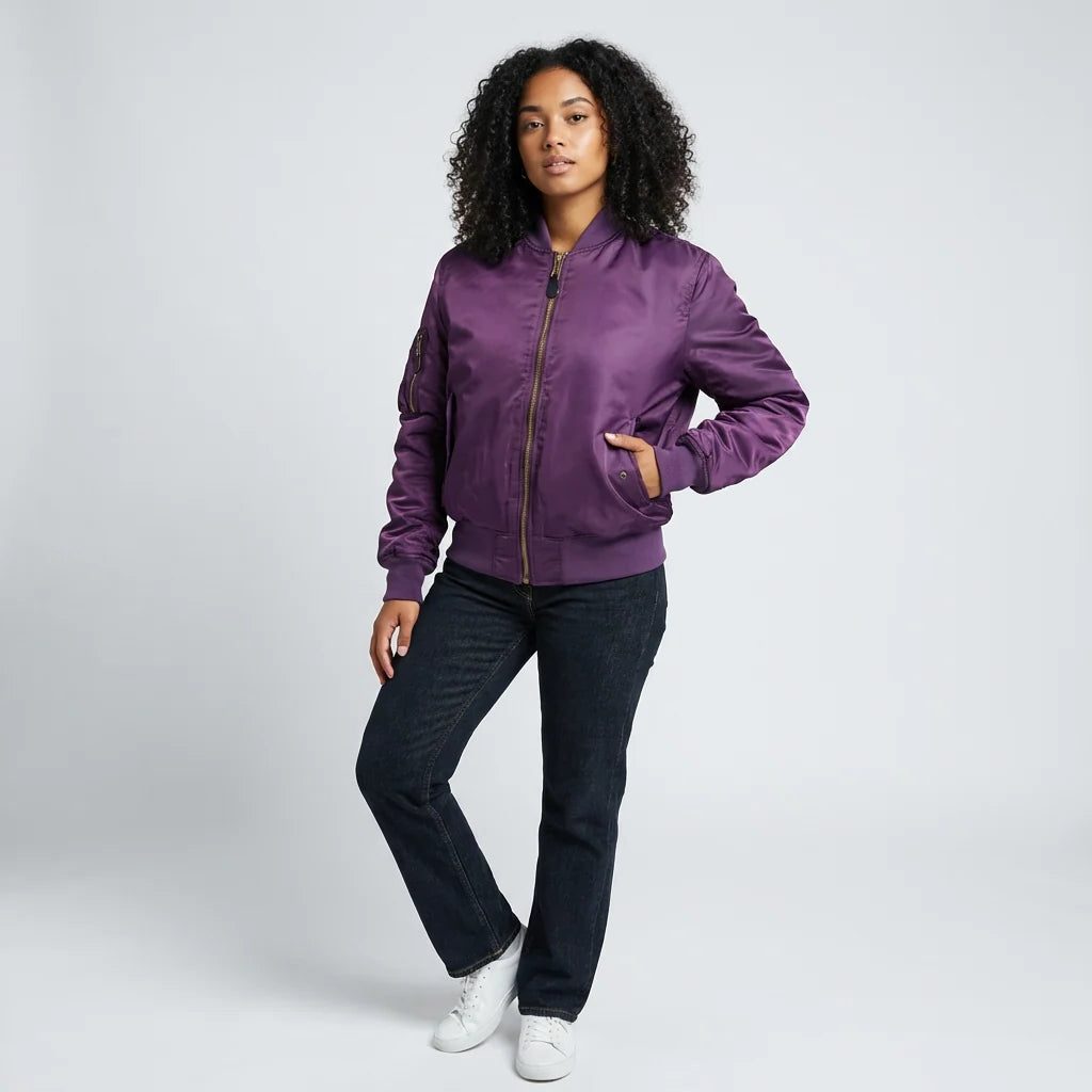 Zip-Up Bomber Jacket for Women - Purple