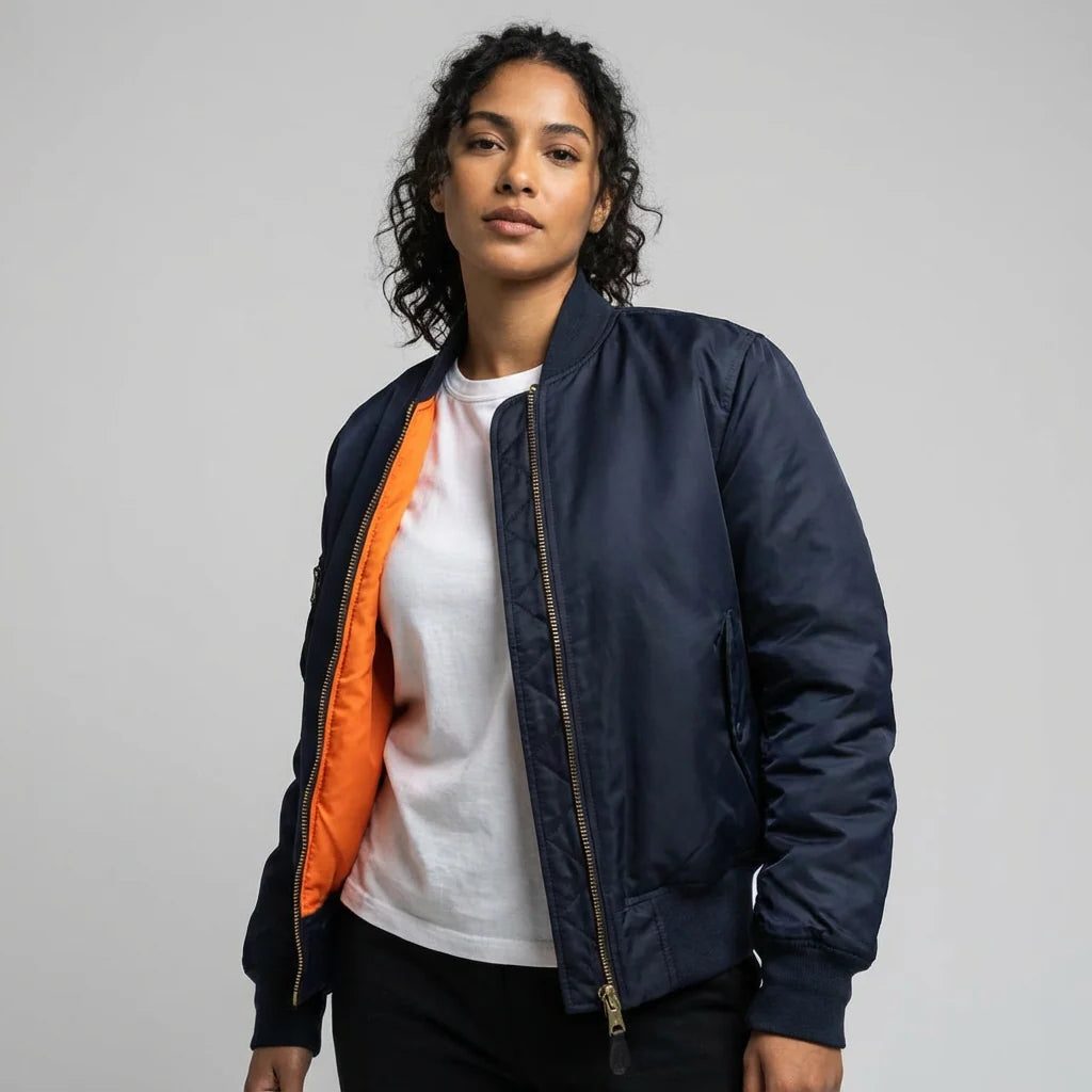 Zip-Up Bomber Jacket for Women - Navy Blue