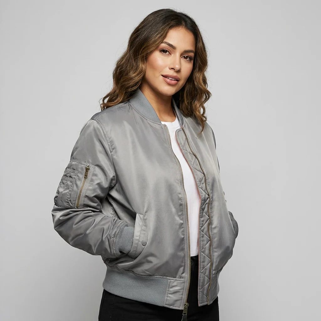 Zip-Up Bomber Jacket for Women - Gray