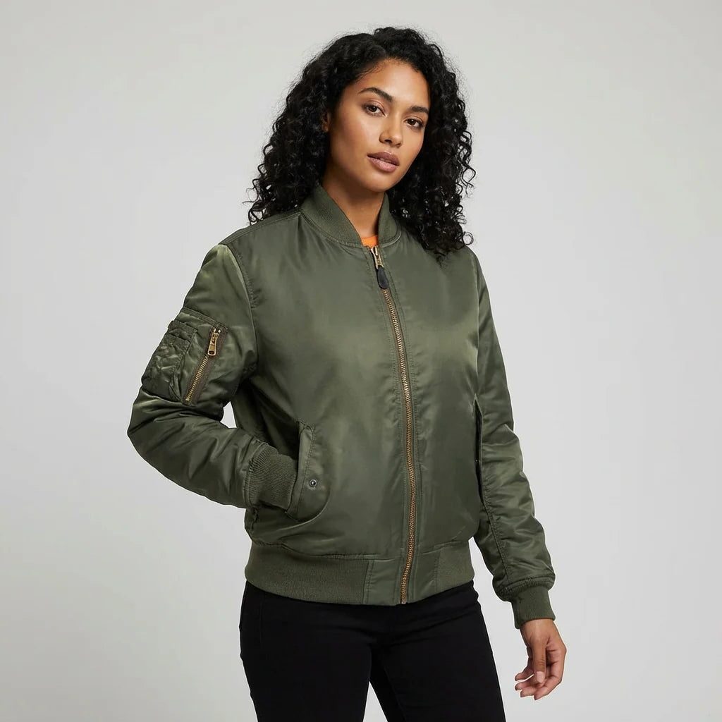 Zip-Up Bomber Jacket for Women - Green