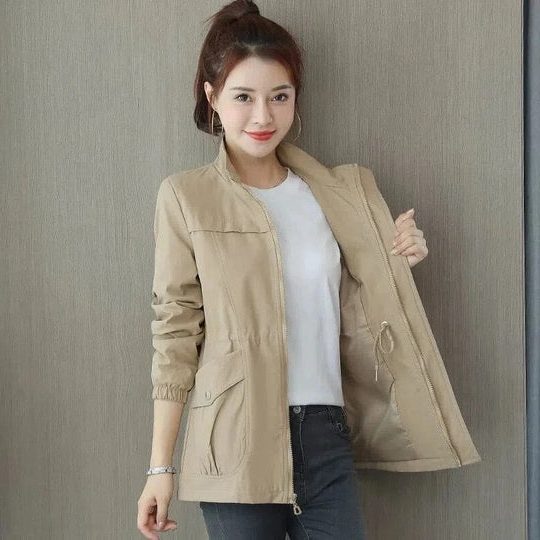 Zip-Up Drawstring Jacket for Women - Khaki