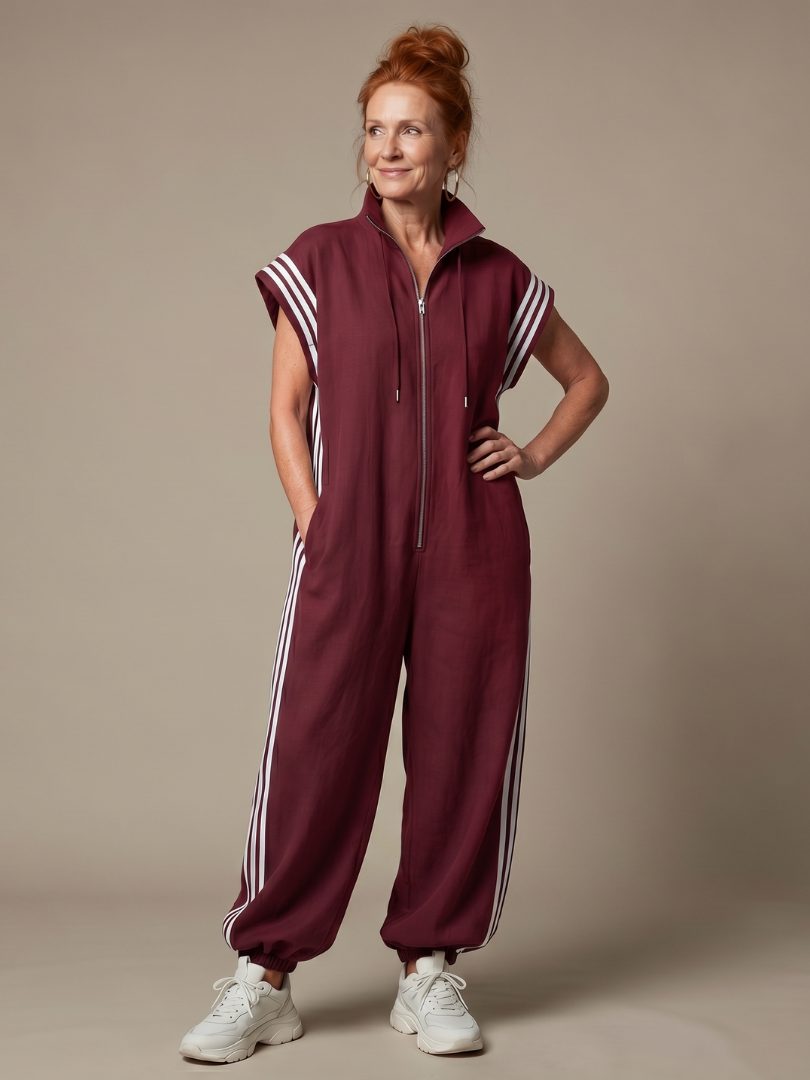 Zip-Up Stripe Panel Jumpsuit for Women