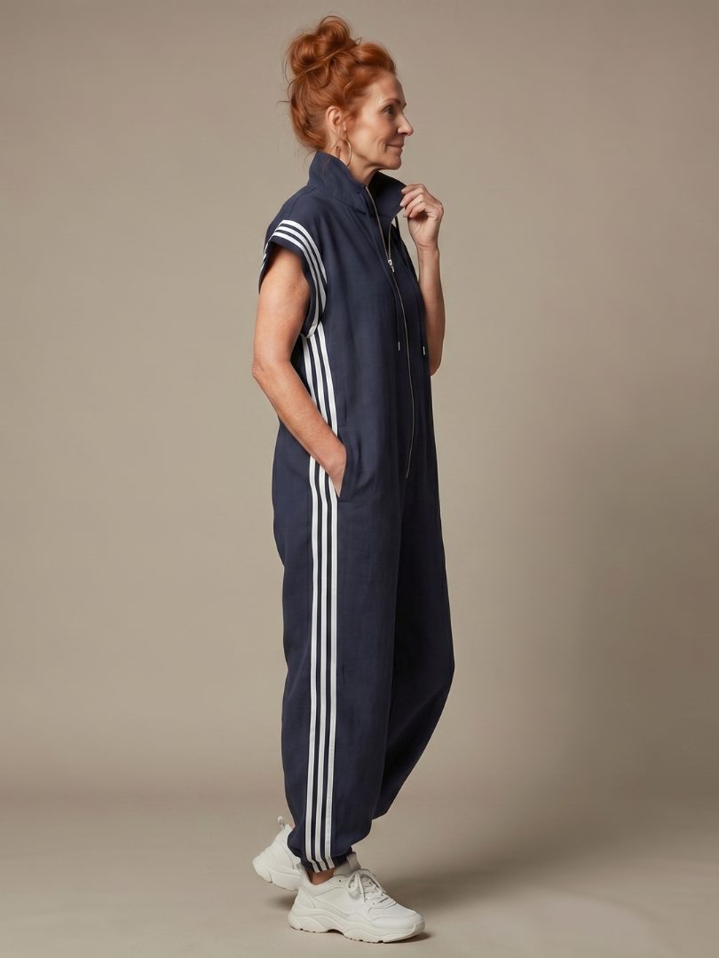 Zip-Up Stripe Panel Jumpsuit for Women - View 12