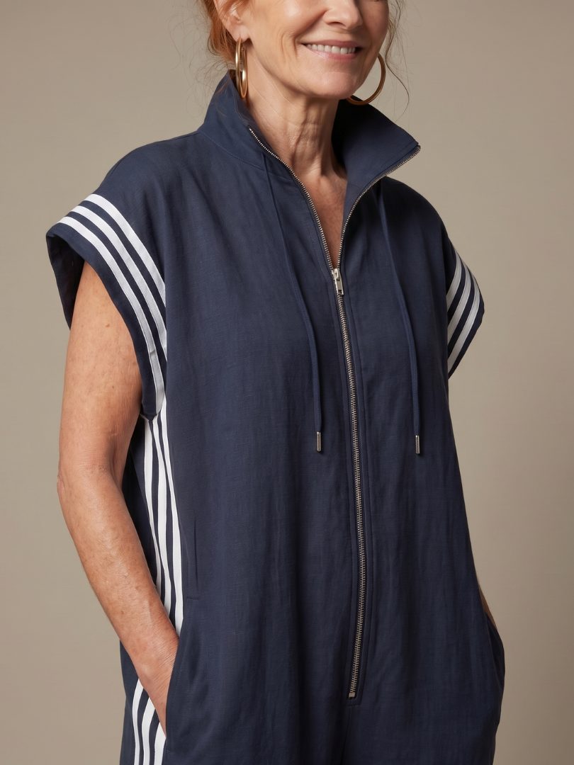 Zip-Up Stripe Panel Jumpsuit for Women - View 13