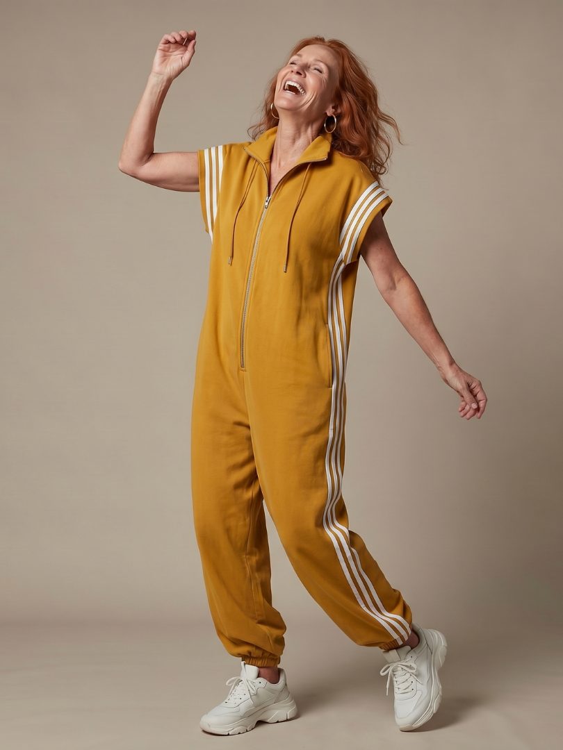 Zip-Up Stripe Panel Jumpsuit for Women - Yellow