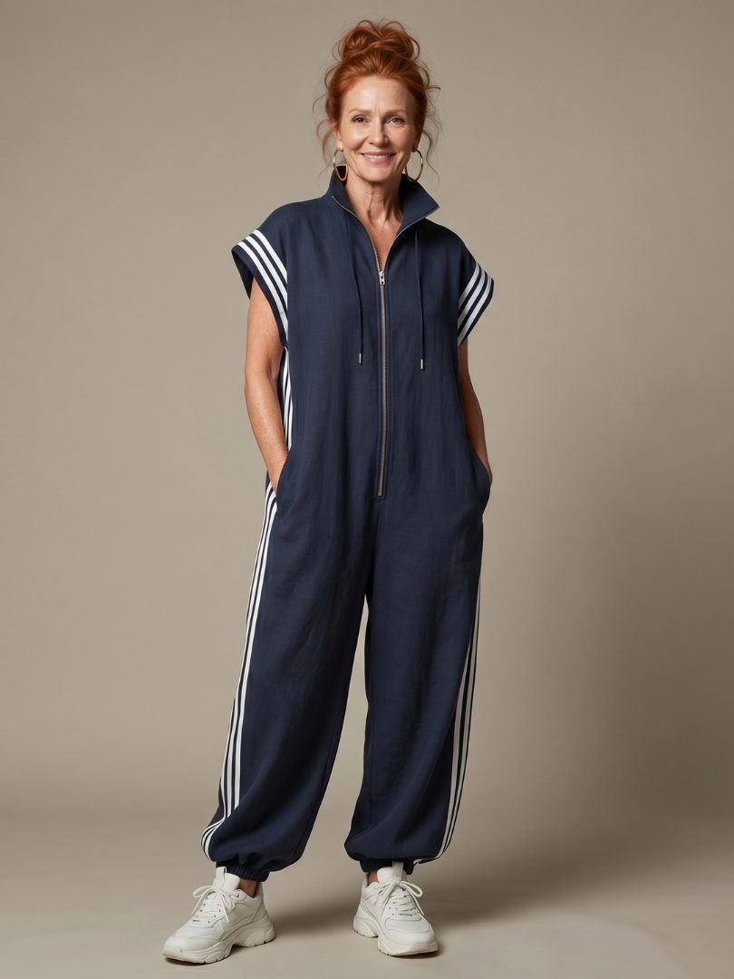 Zip-Up Stripe Panel Jumpsuit for Women - Blue