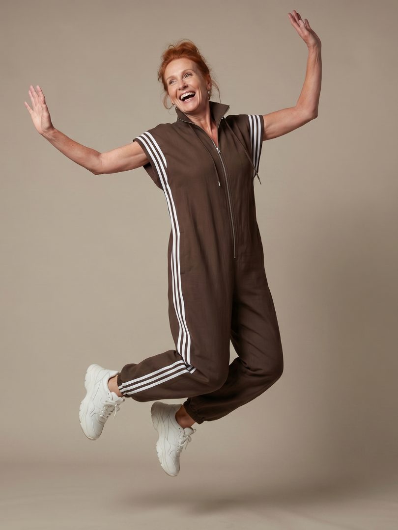 Zip-Up Stripe Panel Jumpsuit for Women - Brown